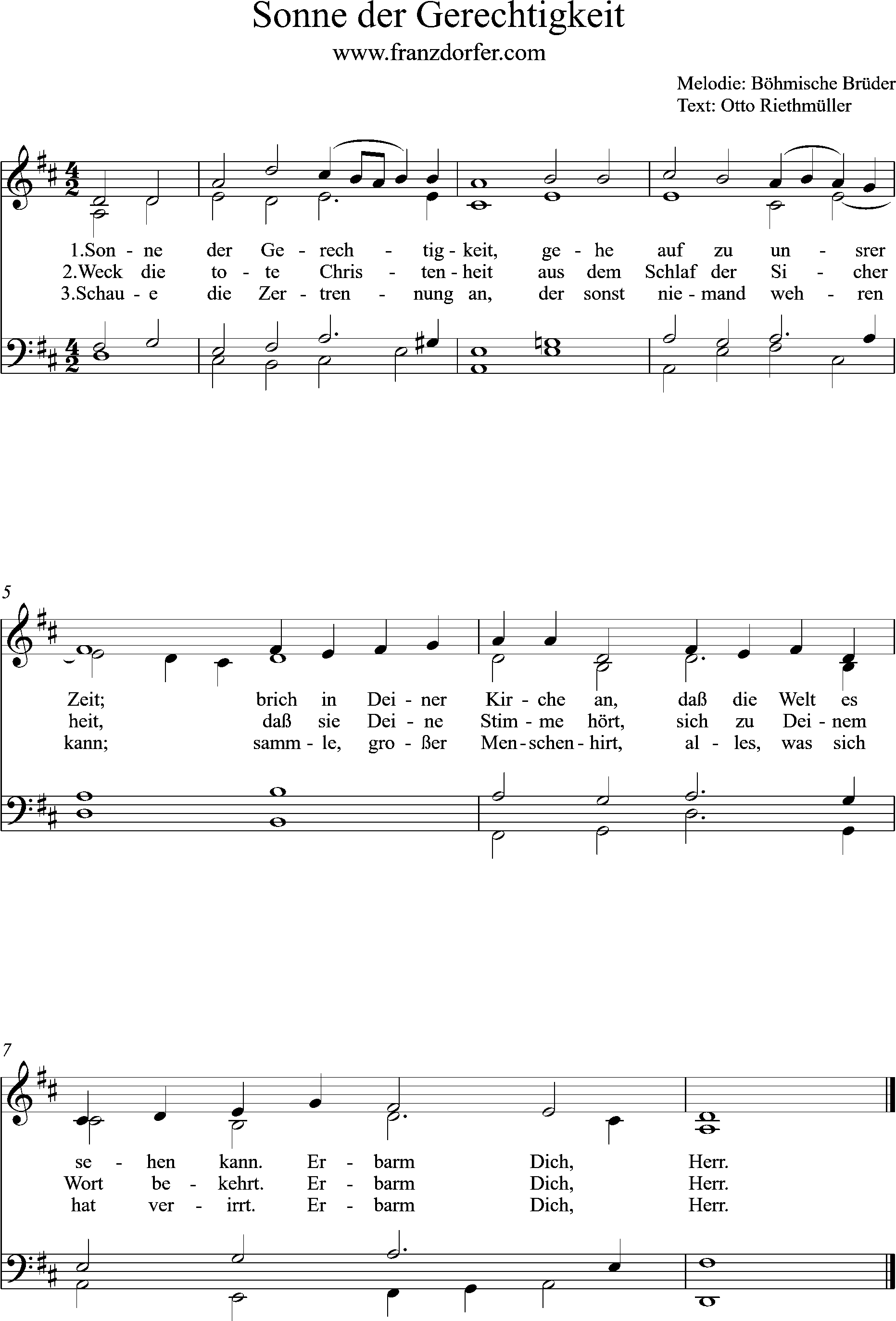 chor-, orgel-, Noten, D-Dur, Sonne der Gerechtigkeit